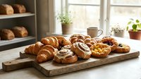 Fresh baked pastries and croissants arranged on rustic wooden board in cozy bakery kitchen with natural morning light streaming through windows.