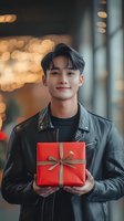 Young Asian man in leather jacket holding red gift box with gold ribbon against blurred bokeh background, expressing joy and warmth during holiday season.