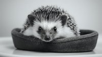 Adorable hedgehog resting in a cozy round bed, captured in black and white monochrome style for pet photography or animal care concept.