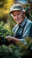 Senior Caucasian male gardener in cap and plaid shirt tending to green plants outdoors with warm natural lighting for gardening and agriculture concepts.
