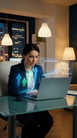 Professional businesswoman analyzing financial data with holographic charts and growth arrows on laptop in modern office at night.