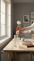 Woman placing a white ranunculus flower in a glass vase on a wooden desk by a sunlit window in a minimal Scandinavian home interior.
