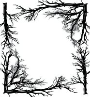 Black silhouettes of bare tree branches form square frame border on white background, isolated design element for seasonal and spooky projects.