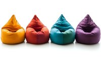Colorful bean bag chairs in yellow, red, turquoise and purple arranged in row on white background, comfortable modern furniture isolated for interior design and home decor.