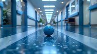 Blue bowling ball centered on polished lane with dramatic perspective, leading lines, and bokeh lights creating depth and atmosphere in modern bowling alley interior.