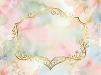 Ornate gold frame with floral watercolor background, pastel pink, green, and blue tones, isolated on transparent background for greeting cards, invitations, and design projects.