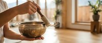 Hands holding singing bowl with mallet during meditation or sound healing therapy session in bright wellness studio space.