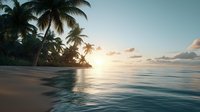 Tranquil tropical beach at sunset with palm trees casting shadows on golden sand, calm turquoise ocean waters reflecting warm sunlight, and soft clouds in pastel sky.