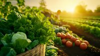 Fresh organic vegetables in wicker basket at sunset farm field with golden light. Healthy harvest concept for sustainable agriculture and farm-to-table dining.