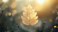 Delicate golden leaf floating in sunlit forest air with soft bokeh background and pine branches framing the scene.