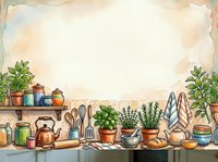 Watercolor kitchen background with herbs, utensils, pots, and a kettle, featuring a large blank space for text or design elements.