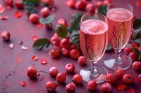 Pink sparkling wine in elegant champagne flutes surrounded by fresh cranberries and scattered berries on dark background, festive holiday drink composition.