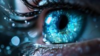 Futuristic close-up of human eye with digital matrix reflection and glowing blue technology elements, representing artificial intelligence and biometric scanning.