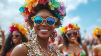 Young African American woman wearing colorful flower crown and mirrored sunglasses smiles brightly at summer festival, adorned with vibrant jewelry against blue sky background.