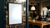 Blank white poster frame mockup on glass door of modern cafe restaurant with blurred interior background for menu display and promotional signage.