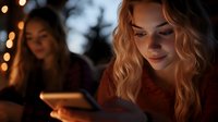 Young blonde woman using smartphone with warm bokeh lights in background creating cozy evening atmosphere for social media and digital communication concepts.