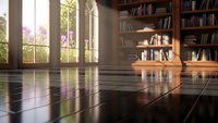 Cozy home library interior with wooden bookshelves, polished dark hardwood floors, and large windows casting natural sunlight for reading and study spaces.