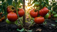 Fresh ripe red tomatoes growing on vine in organic garden with warm sunlight filtering through leaves creating natural farming atmosphere.