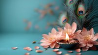 Spa wellness scene with burning candle, pink lotus flowers and peacock feather on turquoise background for relaxation and meditation therapy.