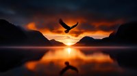 Majestic eagle soaring over tranquil mountain lake at golden sunset with dramatic orange clouds reflected in calm water creating mirror effect in wilderness landscape.