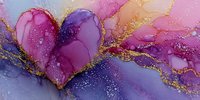 Abstract heart shape in vibrant pink and purple alcohol ink with golden glitter accents on flowing organic background for romantic design projects.
