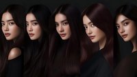 Young Asian women with long dark hair and natural makeup in black outfits pose for beauty portrait series showing different angles and expressions against dark background.