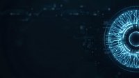 Digital eye with glowing blue iris and circuit patterns on dark tech background, representing artificial intelligence, cybersecurity, and digital vision for technology concepts.