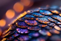 Iridescent fish scales with vibrant blue, purple, and orange metallic reflections create a striking macro composition with soft bokeh background, suitable for design and nature projects.