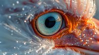 Extreme close-up of bird eye with vibrant blue iris, orange rim, and white feathers showing intricate detail and texture for nature photography.