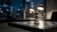 Silver chess pawn on marble board with blurred city skyline at night, symbolizing strategy, business planning, and competitive advantage for corporate and leadership concepts.