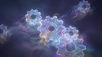 Glowing digital gears with electric connections on dark blue background. Technology automation concept for business presentations and tech designs.