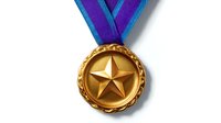 Golden star medal with blue and purple striped ribbon, isolated on white background for awards, achievements and military recognition designs.