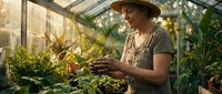 Middle-aged Caucasian woman gardener in straw hat tending plants in sunny greenhouse. Professional horticulturist caring for green foliage in glass conservatory.