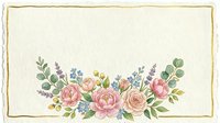 Watercolor floral arrangement with pink roses, lavender, and greenery on cream background with gold border frame.