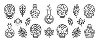 Halloween gothic line art collection with decorative skulls poison bottles and autumn leaves isolated on white background for spooky seasonal designs.