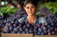 Young female farmer with fresh harvested figs in wooden crate at local market. Organic farming and sustainable agriculture concept.