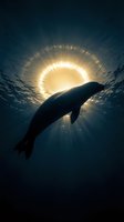 Silhouetted marine mammal swimming upward toward sunlight filtering through ocean water, creating dramatic rays and ethereal atmosphere for wildlife and nature themes.