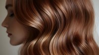 Close-up of wavy copper brown hair with highlights showing glossy texture and natural movement, styled in soft waves for salon advertising.