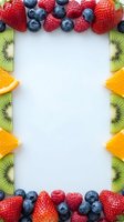 Fresh mixed berries and fruit frame border on white background with copy space for healthy eating and nutrition content.
