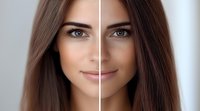 Before and after photo showing skin retouching and beauty enhancement results on young woman with brown hair and natural makeup, split comparison view.