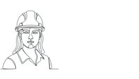 Female construction worker engineer in hard hat continuous line drawing isolated on white background for professional design projects.