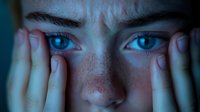 Intense close-up of bright blue eyes and freckled skin with hands framing face in dramatic blue lighting, creating mysterious and emotional atmosphere.