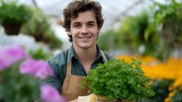 Young male gardener in brown apron holding fresh parsley bunch at greenhouse with colorful flowers in background, smiling at camera. Professional horticulture and farming.