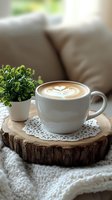White ceramic cup with latte art on wooden slice coaster, accompanied by small potted plant. Cozy coffee moment styled with lace doily and knitted texture background.