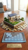 Modern residential house model with solar panels on wooden base surrounded by coins, displayed with financial growth chart for real estate investment strategy concepts.