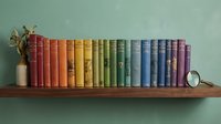 Rainbow-colored vintage books arranged on a wooden shelf with a magnifying glass and dried plant, creating a colorful library display.