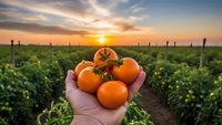 Fresh ripe tomatoes held in hands at sunset in agricultural field. Organic farming harvest concept for healthy food production and sustainable agriculture.