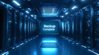 Modern server room corridor in blue tones with glowing backup complete message on digital screen, rows of data center equipment and network storage systems.