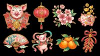 Festive lunar new year clipart set with cute pigs, lantern, cherry blossoms, fan, oranges, and firecrackers, isolated on transparent background for stickers and print on demand.