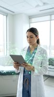 Professional female doctor using digital tablet with futuristic network overlay in modern medical office for healthcare technology applications.
